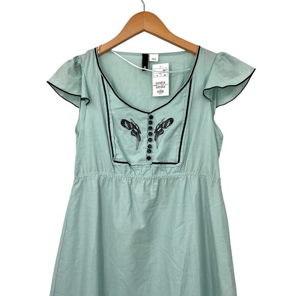 H&M | NWT | 6 | Blue Green Flutter Sleeve Butterfly Embroidery Retro Pinup Dress - Picture 2 of 9